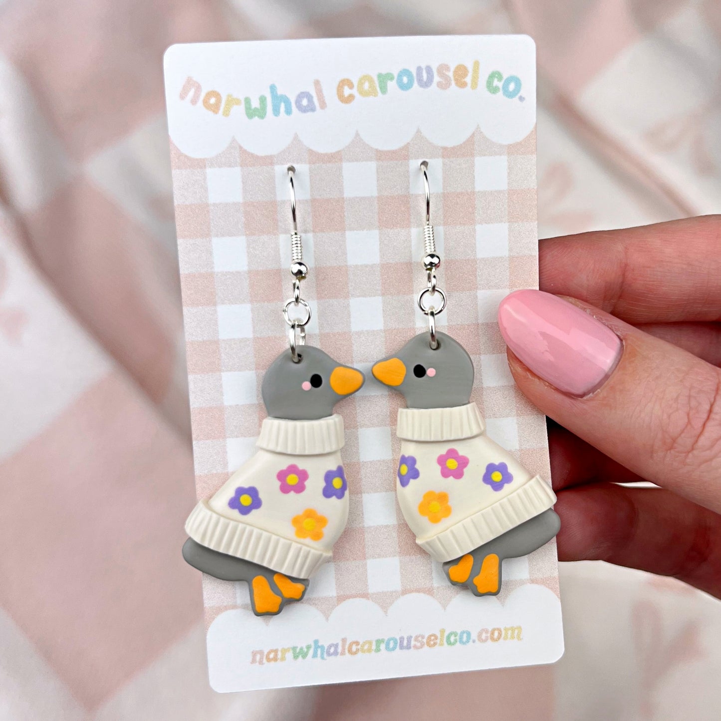 Flower Sweater Gracie the Grey Goose Polymer Clay Earrings