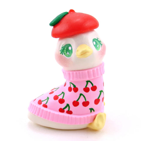Goose in a Cherry Sweater and Beret Figurine - Polymer Clay Spring Collection