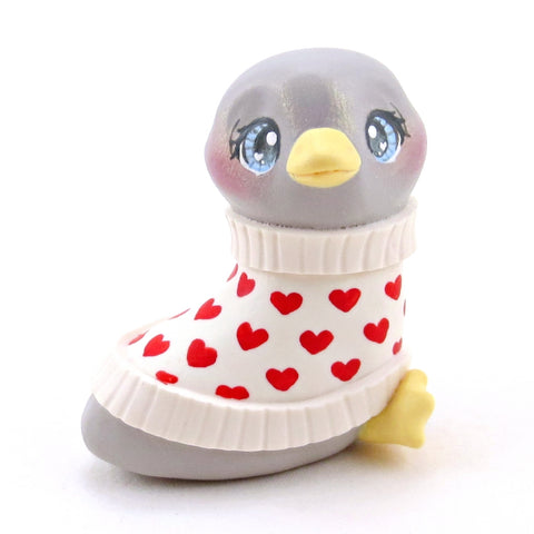 Grey Goose in a Heart Sweater Figurine - Polymer Clay Valentine Collection