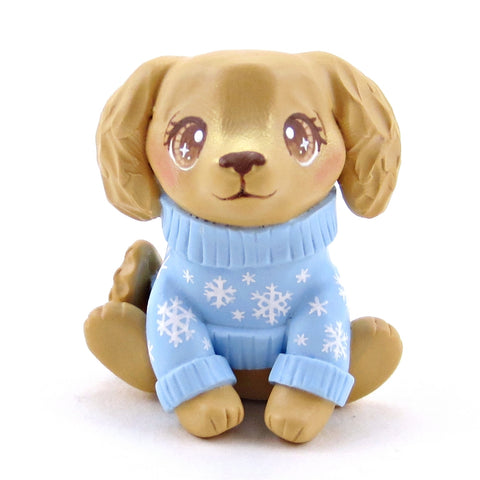 Snowflake Sweater Golden Retriever Puppy Dog Figurine - Polymer Clay Winter Collection