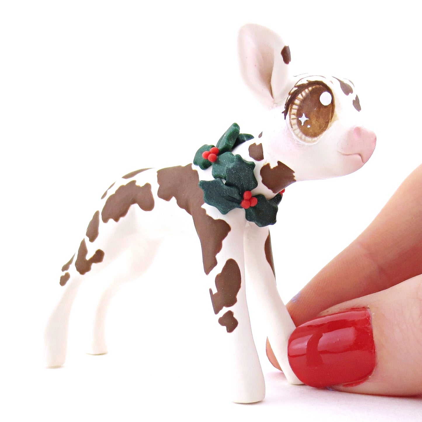 Brown Holstein Cow with Holly Wreath Figurine - Polymer Clay Christmas Animals