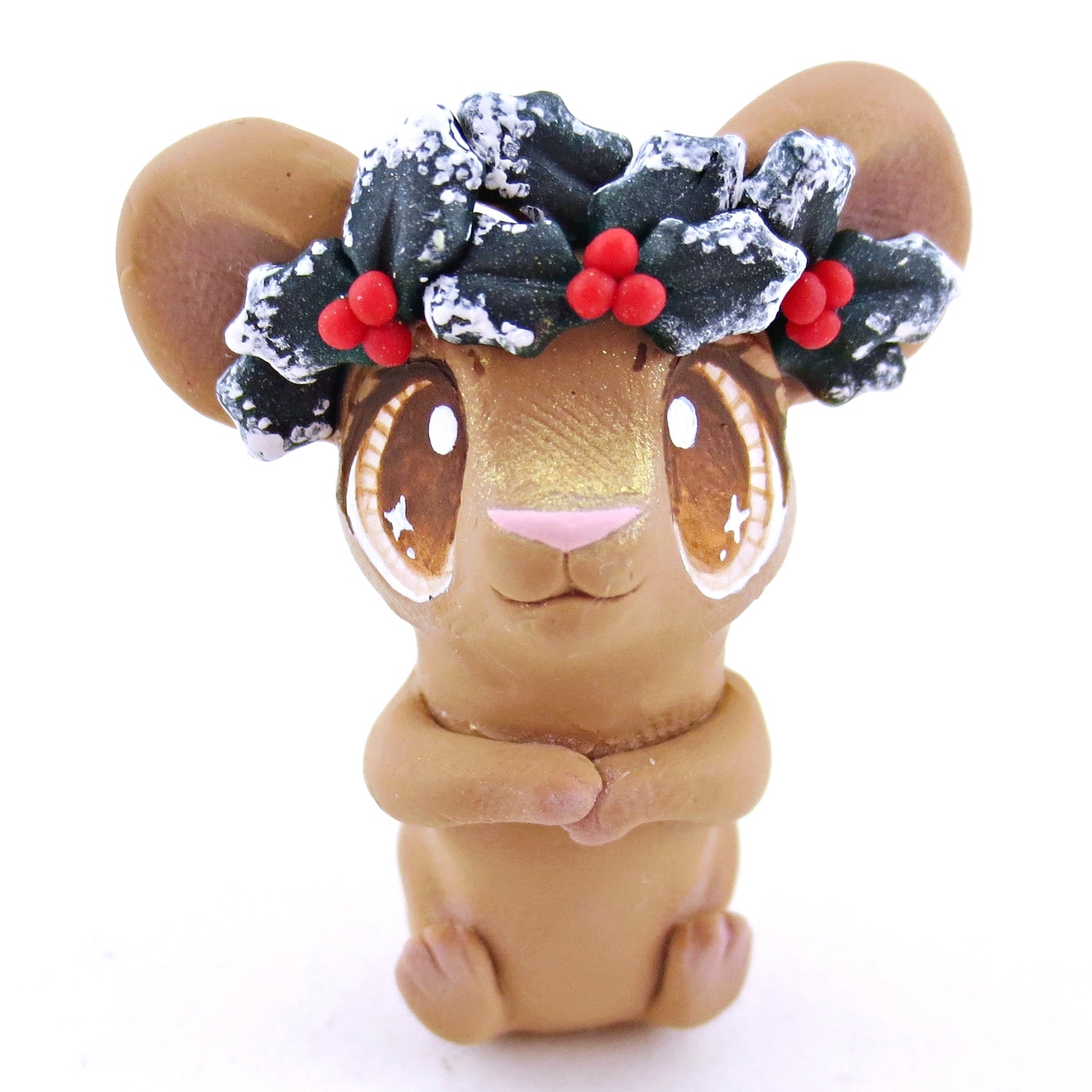 Holly Crown Mouse Figurine - Polymer Clay Christmas Animals