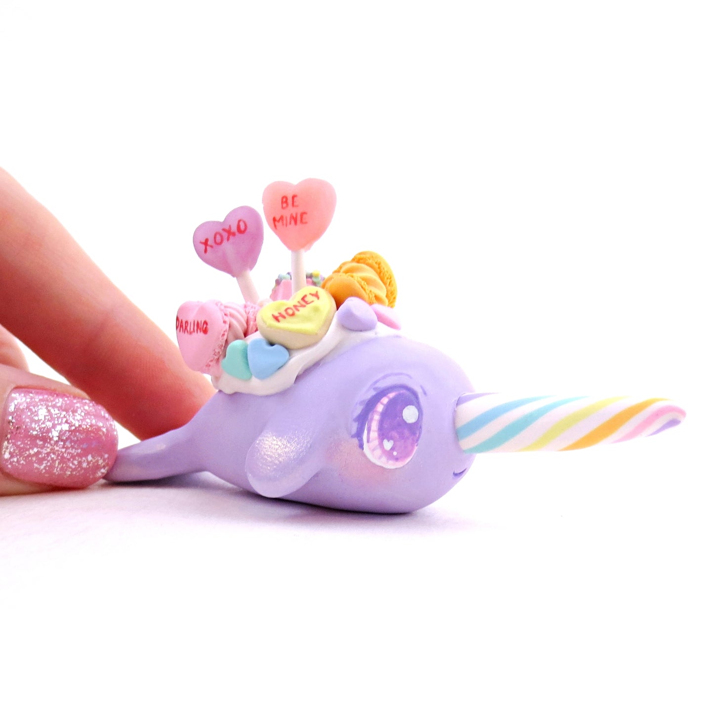 Purple Candy Heart Narwhal Figurine - Polymer Clay Valentine's Day Animal Collection