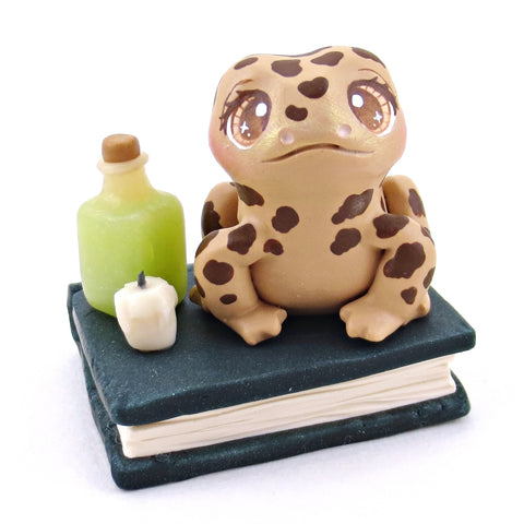 Toad Familiar with Book Stand Figurine - Polymer Clay Halloween Collection
