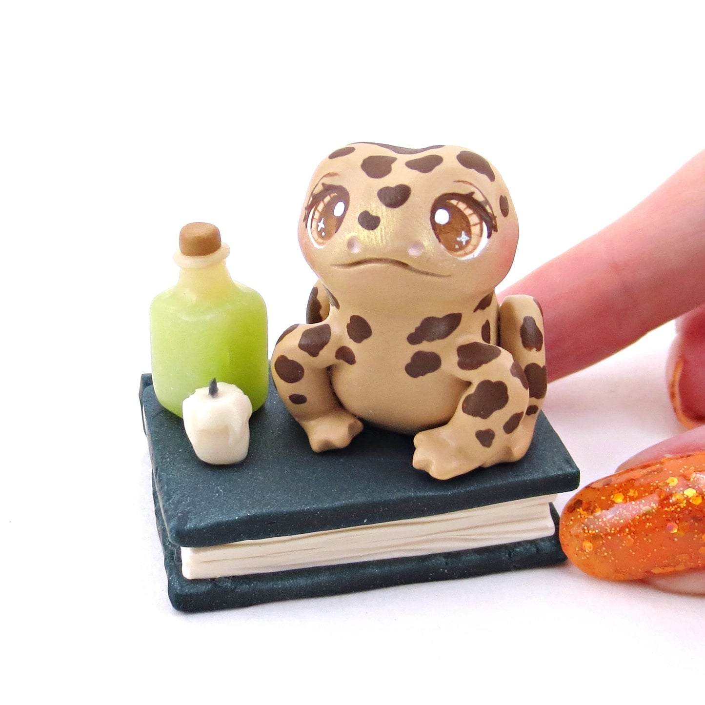 Toad Familiar with Book Stand Figurine - Polymer Clay Halloween Collection
