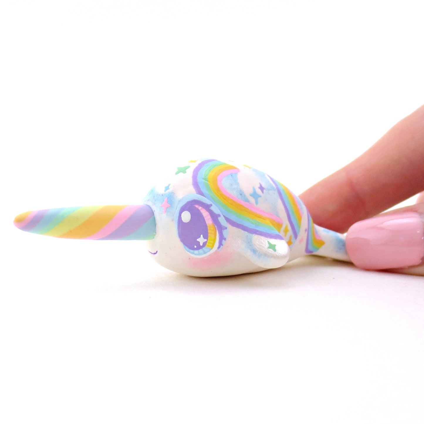 Cloud and Rainbow Narwhal with Blue "Eyeshadow" Figurine - Polymer Clay Rainbow Animals