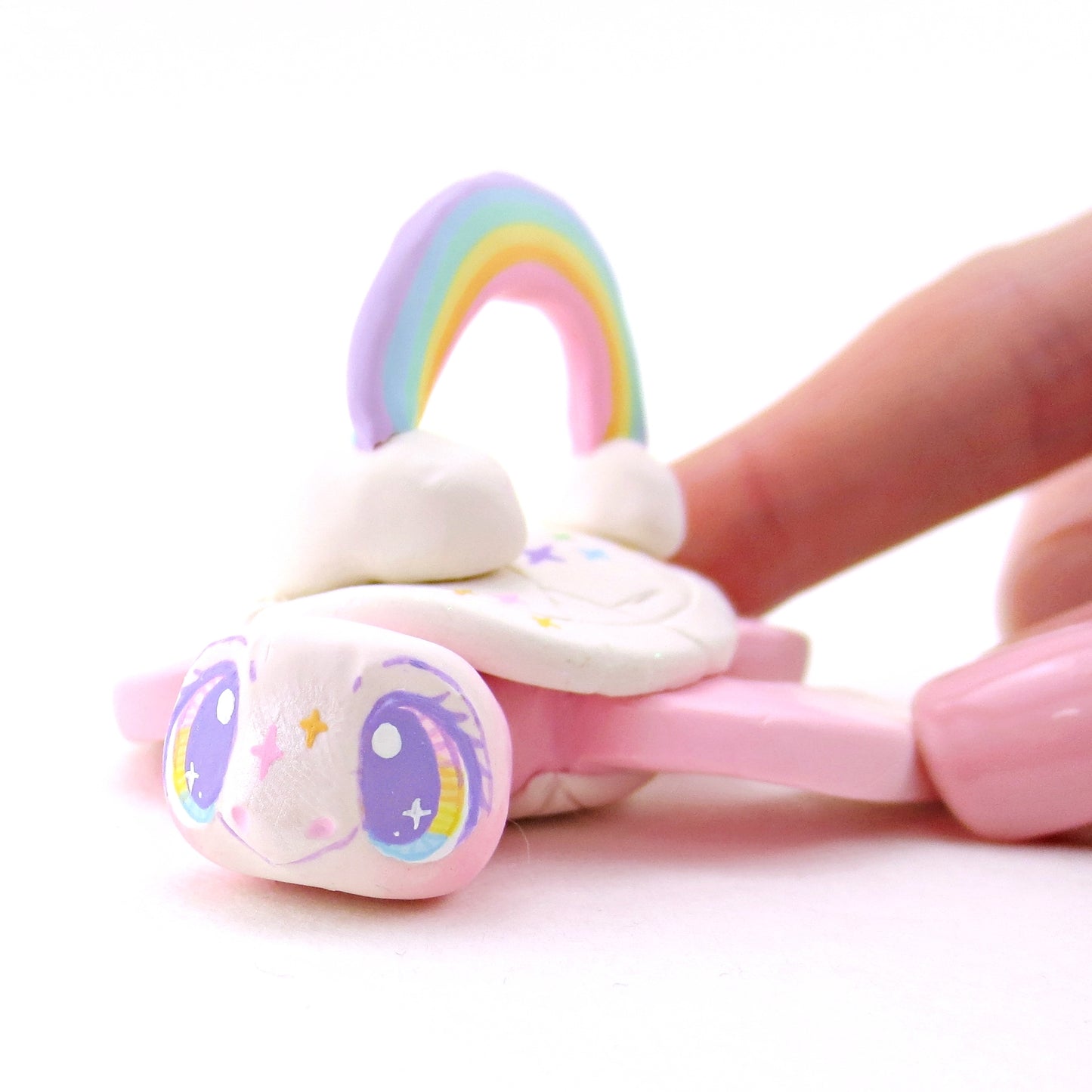Rainbow-Backed Pink and White Turtle Figurine - Polymer Clay Rainbow Animals