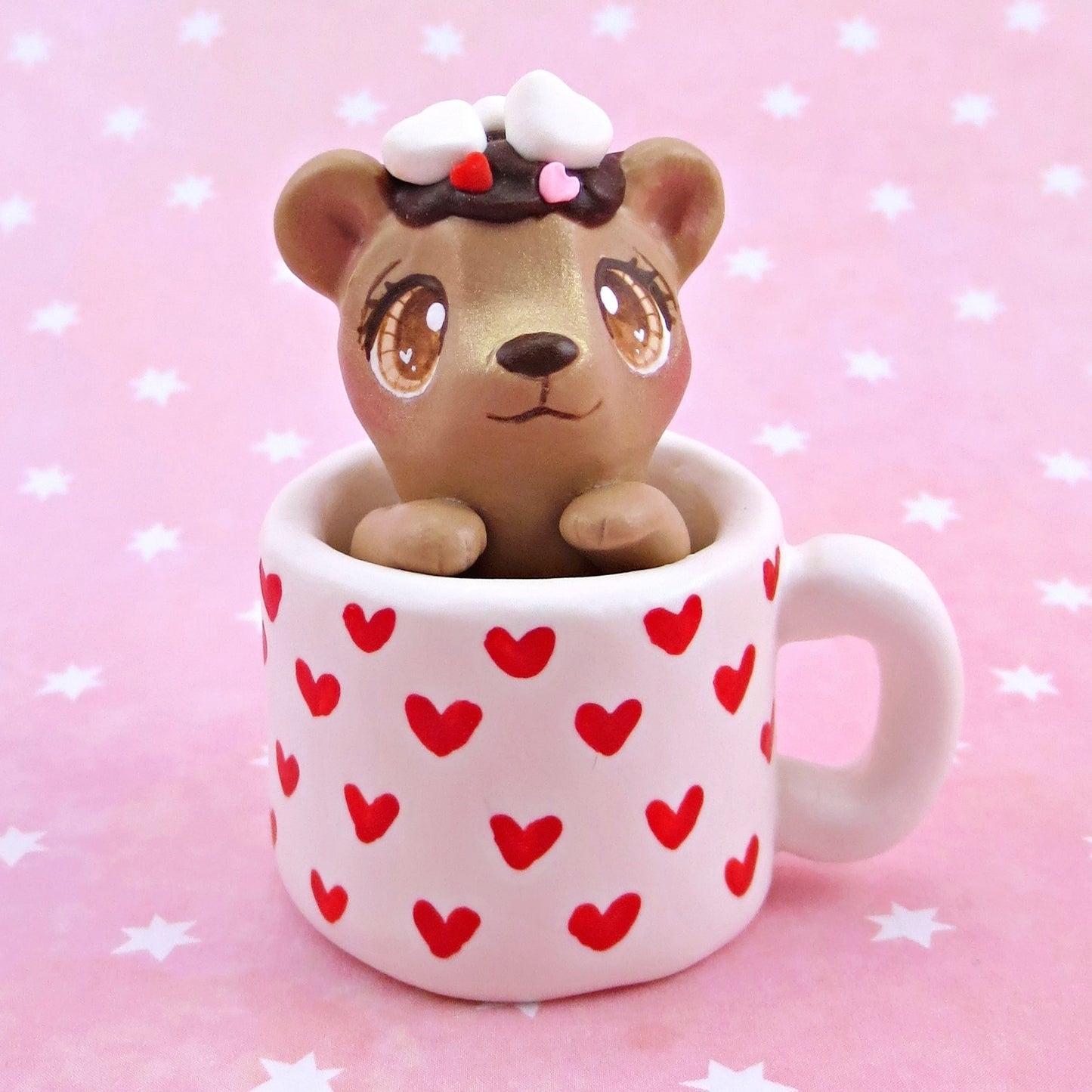 Hot Cocoa Bear Cub in a Valentine Mug Figurine - Polymer Clay Animals Valentine Collection