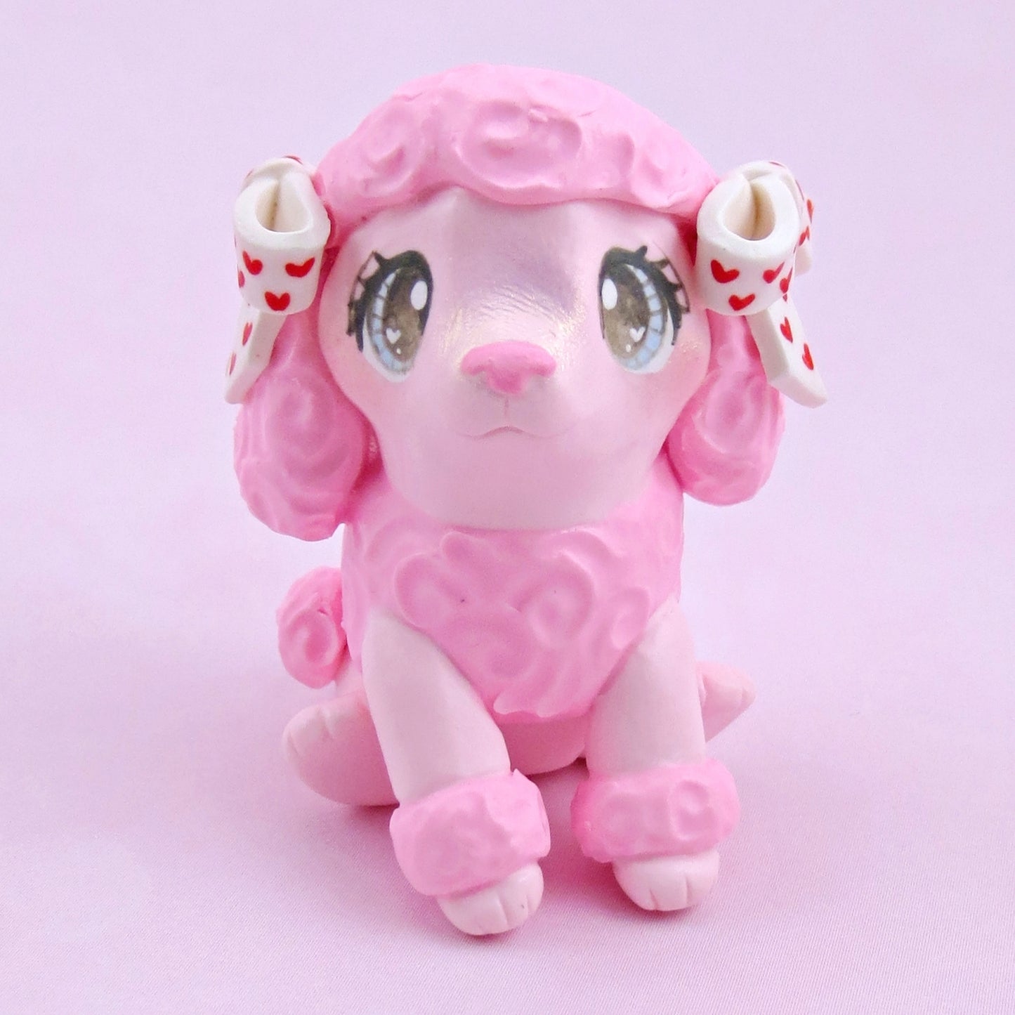 Pink Poodle Puppy with Heart Bows Figurine - Polymer Clay Animals Valentine Collection