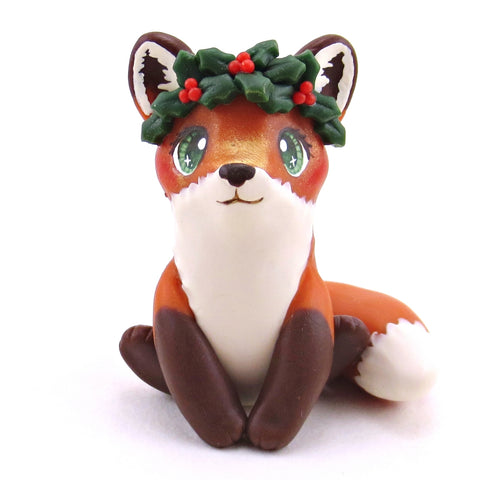 Holly Crown Red Fox Figurine - Polymer Clay Christmas Collection