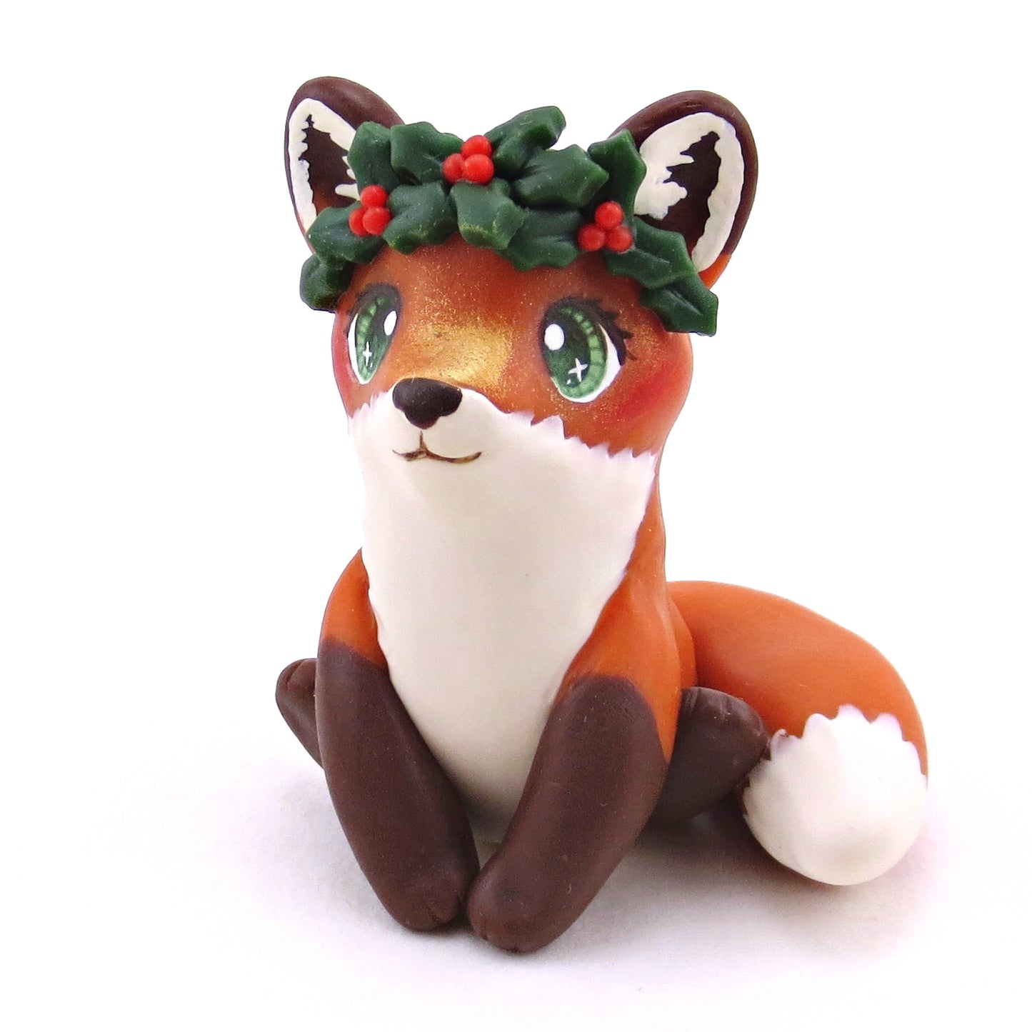 Holly Crown Red Fox Figurine - Polymer Clay Christmas Collection