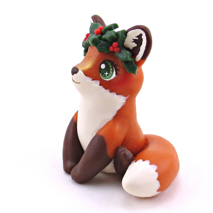 Holly Crown Red Fox Figurine - Polymer Clay Christmas Collection