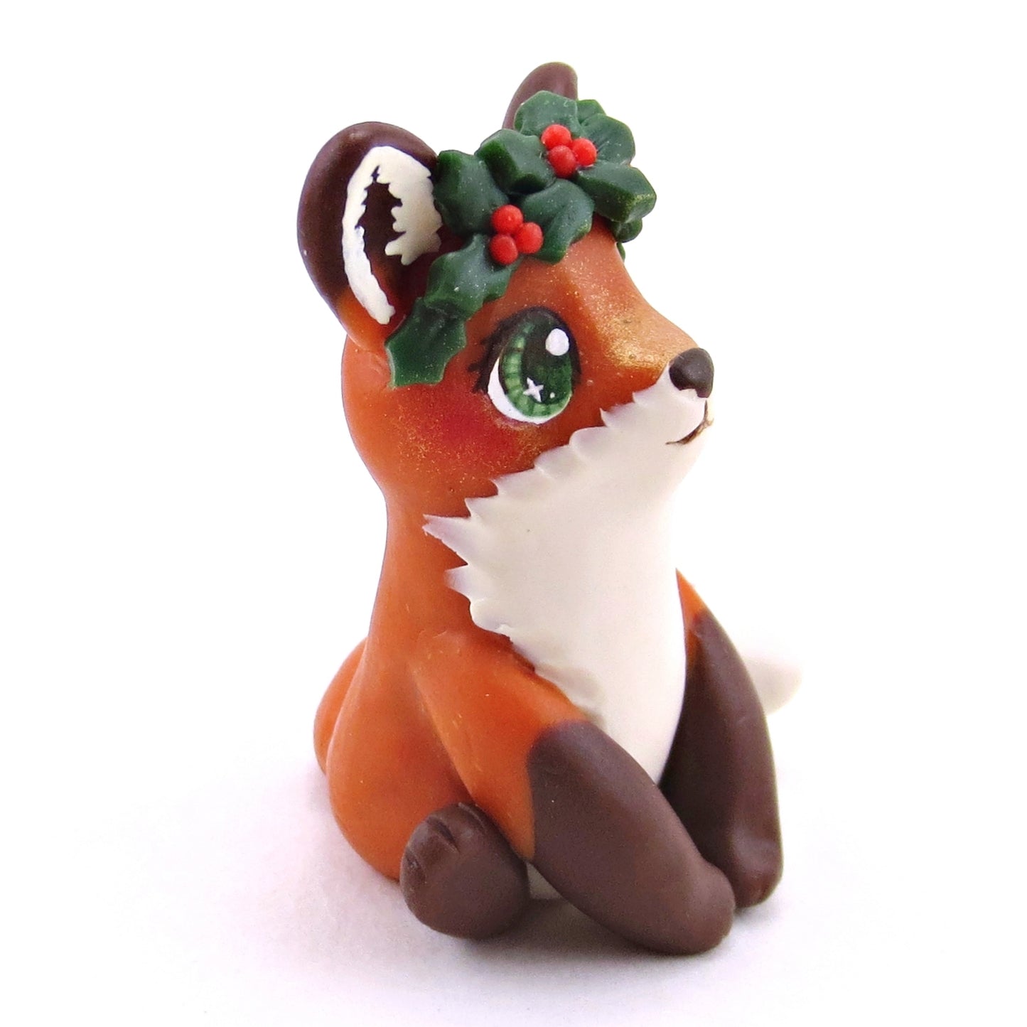 Holly Crown Red Fox Figurine - Polymer Clay Christmas Collection