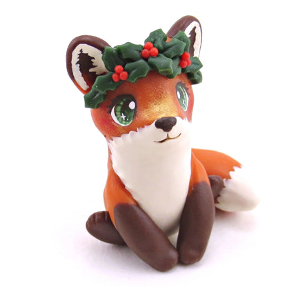 Holly Crown Red Fox Figurine - Polymer Clay Christmas Collection