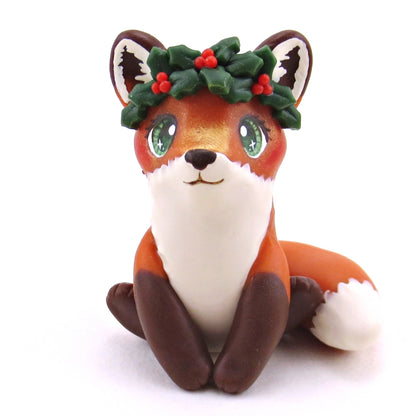 Holly Crown Red Fox Figurine - Polymer Clay Christmas Collection