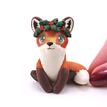 Holly Crown Red Fox Figurine - Polymer Clay Christmas Collection