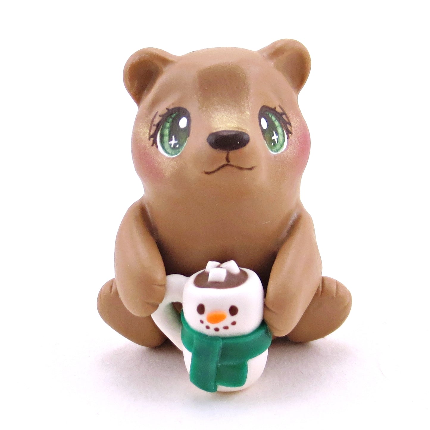 Brown Bear with a Snowman Hot Cocoa Mug Figurine - Polymer Clay Christmas Collection