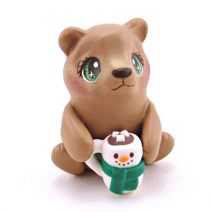 Brown Bear with a Snowman Hot Cocoa Mug Figurine - Polymer Clay Christmas Collection