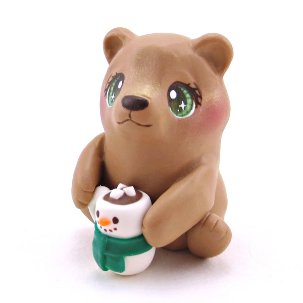 Brown Bear with a Snowman Hot Cocoa Mug Figurine - Polymer Clay Christmas Collection