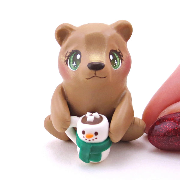 Brown Bear with a Snowman Hot Cocoa Mug Figurine - Polymer Clay Christmas Collection