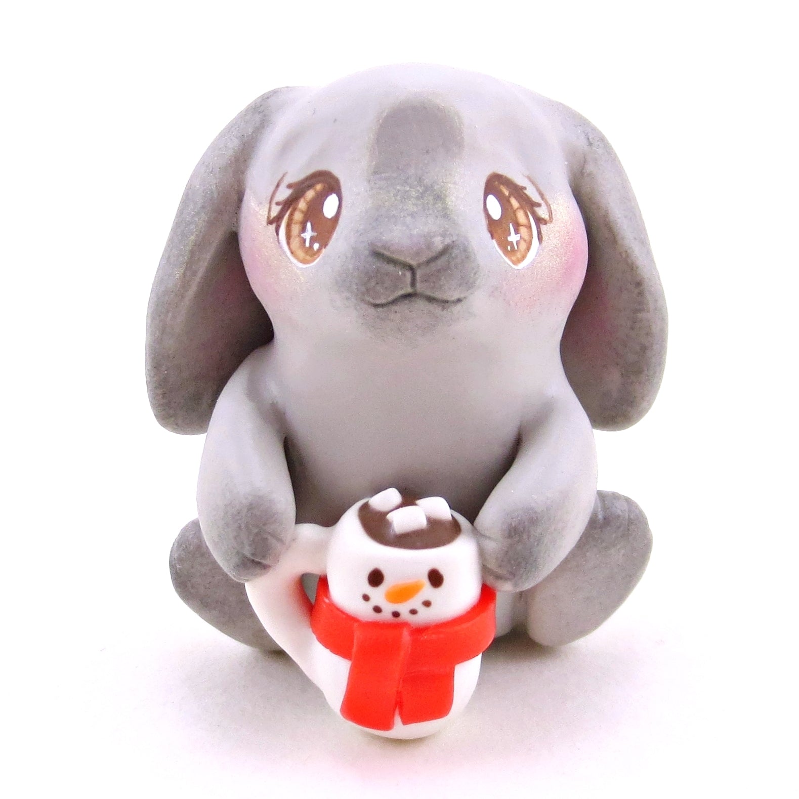 Bunny with a Snowman Hot Cocoa Mug Figurine - Polymer Clay Christmas Collection