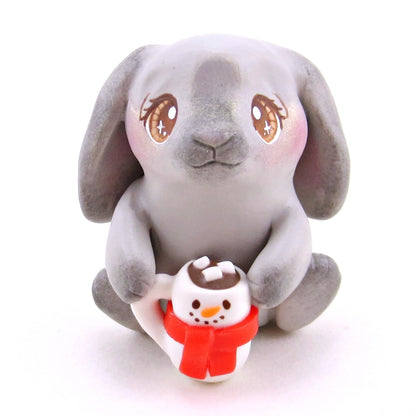 Bunny with a Snowman Hot Cocoa Mug Figurine - Polymer Clay Christmas Collection