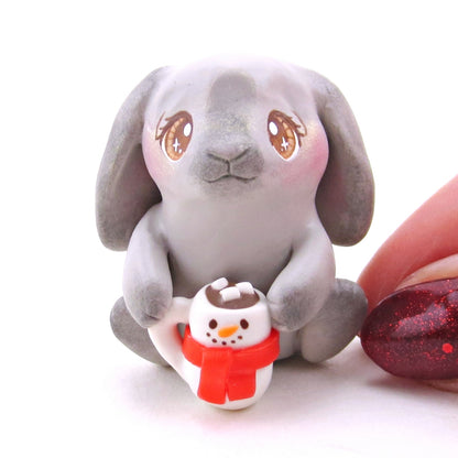 Bunny with a Snowman Hot Cocoa Mug Figurine - Polymer Clay Christmas Collection