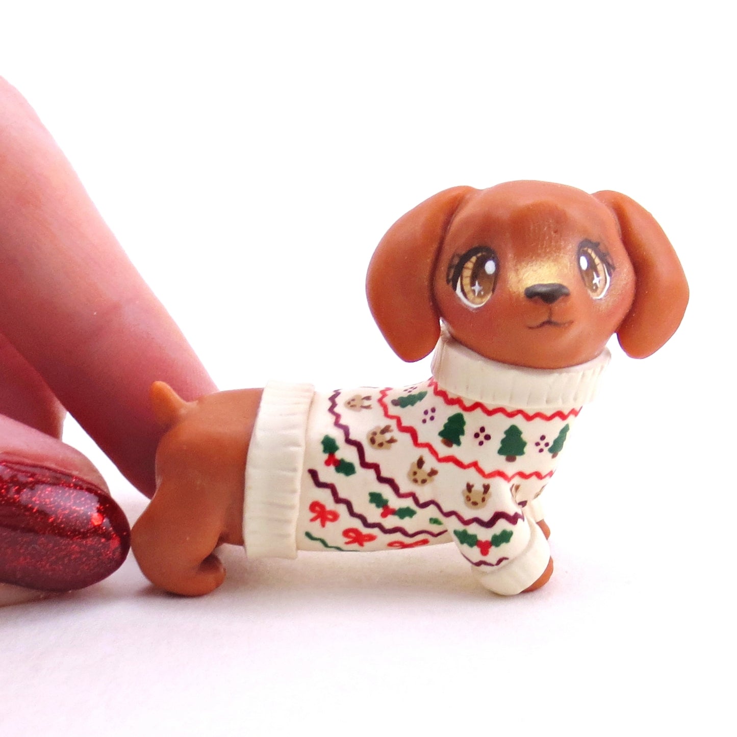 Christmas Sweater Dachshund Puppy Dog Figurine - Polymer Clay Christmas Collection