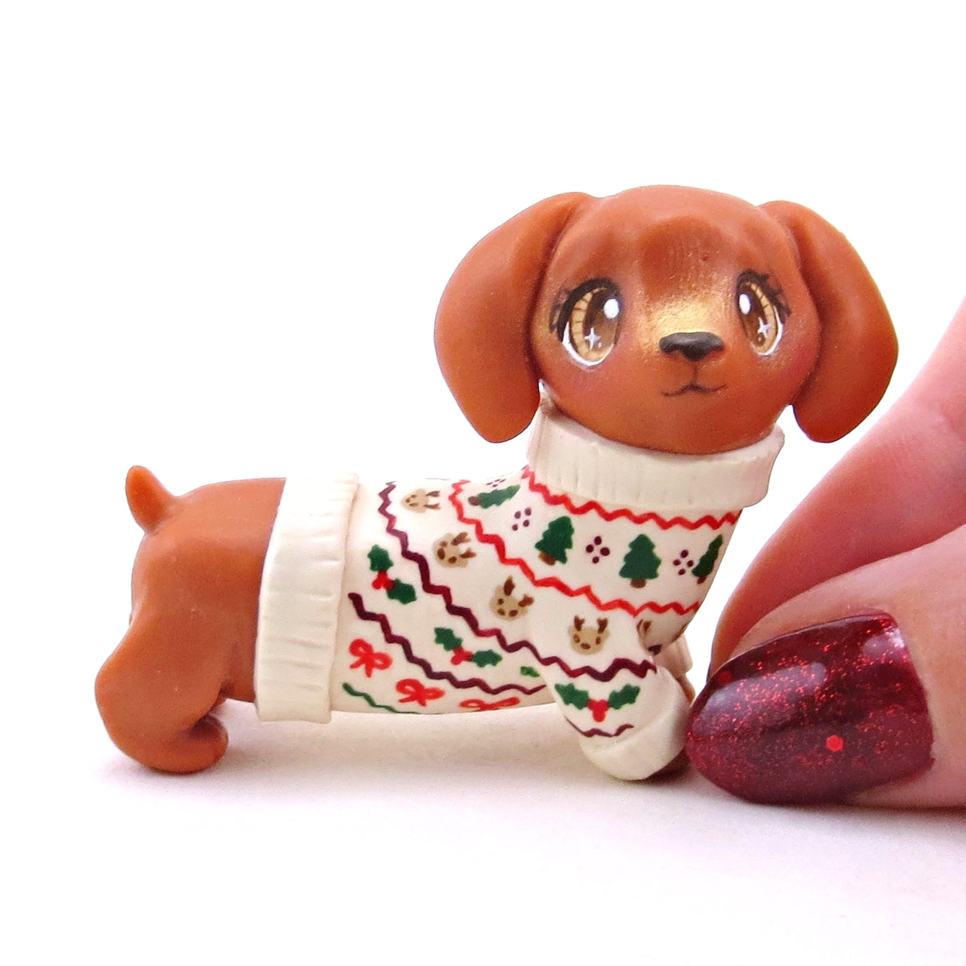 Christmas Sweater Dachshund Puppy Dog Figurine - Polymer Clay Christmas Collection