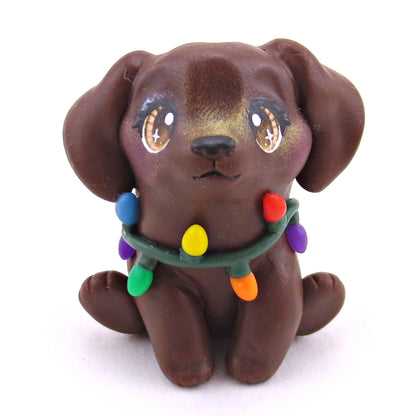 Christmas Lights Chocolate Lab Puppy Dog Figurine - Polymer Clay Christmas Collection