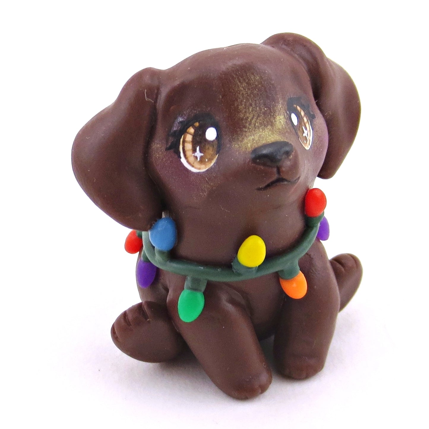 Christmas Lights Chocolate Lab Puppy Dog Figurine - Polymer Clay Christmas Collection