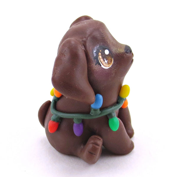 Christmas Lights Chocolate Lab Puppy Dog Figurine - Polymer Clay Christmas Collection