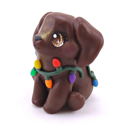 Christmas Lights Chocolate Lab Puppy Dog Figurine - Polymer Clay Christmas Collection