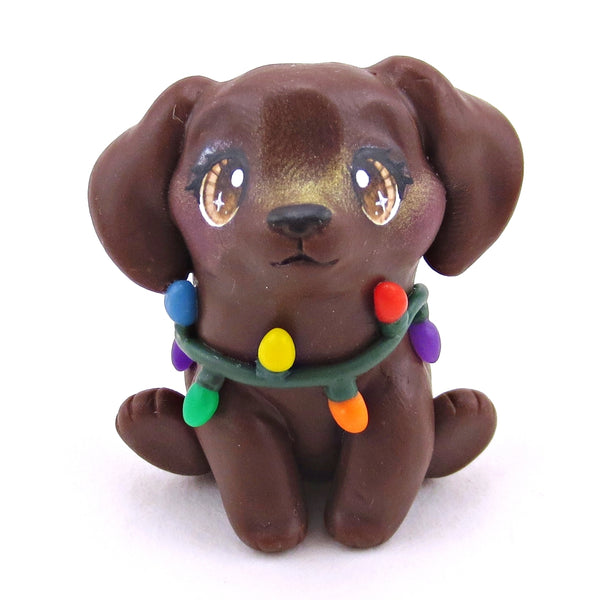 Christmas Lights Chocolate Lab Puppy Dog Figurine - Polymer Clay Christmas Collection