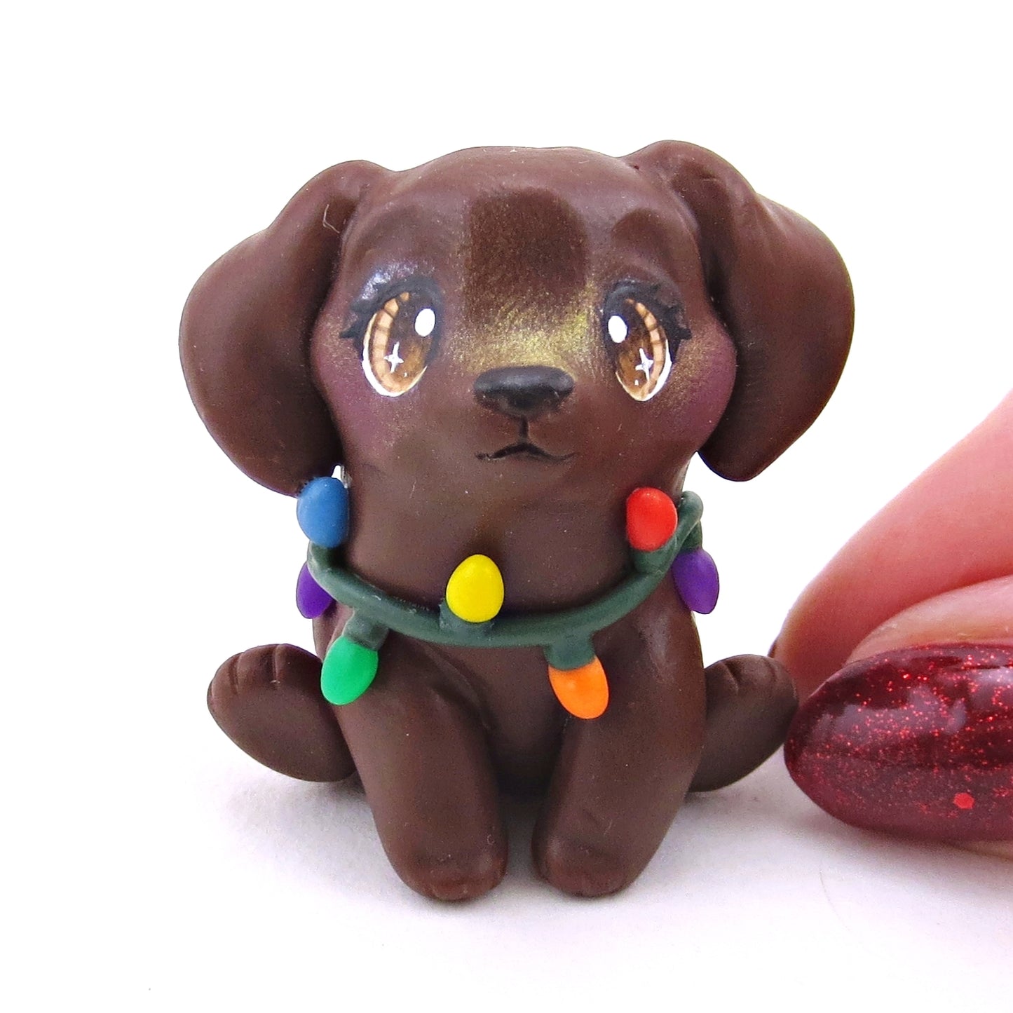 Christmas Lights Chocolate Lab Puppy Dog Figurine - Polymer Clay Christmas Collection