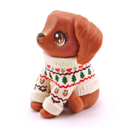 Christmas Sweater Red Golden Retriever Puppy Dog Figurine - Polymer Clay Christmas Collection