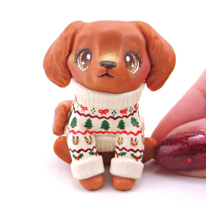 Christmas Sweater Red Golden Retriever Puppy Dog Figurine - Polymer Clay Christmas Collection