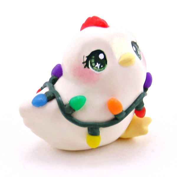 Christmas Lights Chicken Hen Figurine - Polymer Clay Christmas Collection