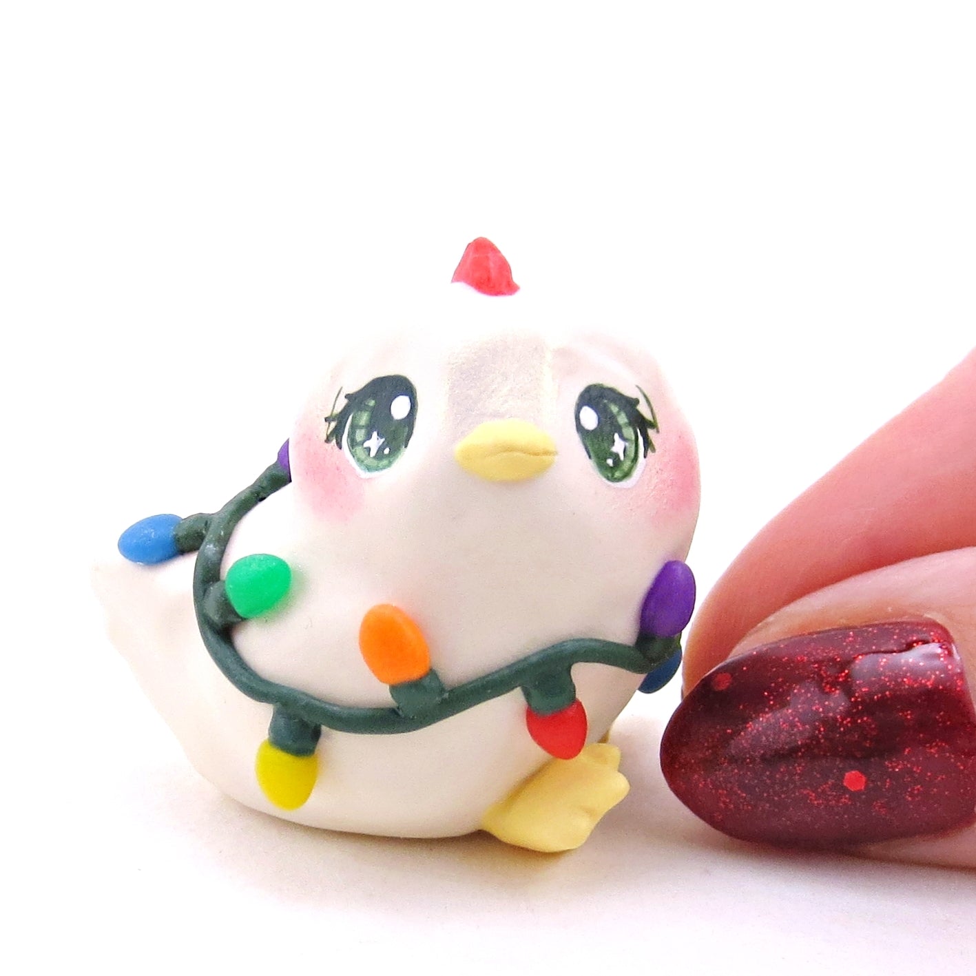 Christmas Lights Chicken Hen Figurine - Polymer Clay Christmas Collection