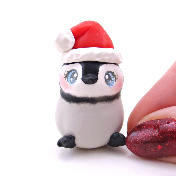 Santa Hat Penguin Figurine - Polymer Clay Christmas Collection