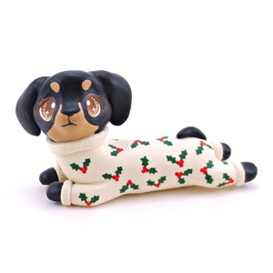 Christmas Jammies Black and Tan Dachshund Puppy Dog Figurine - Polymer Clay Christmas Collection