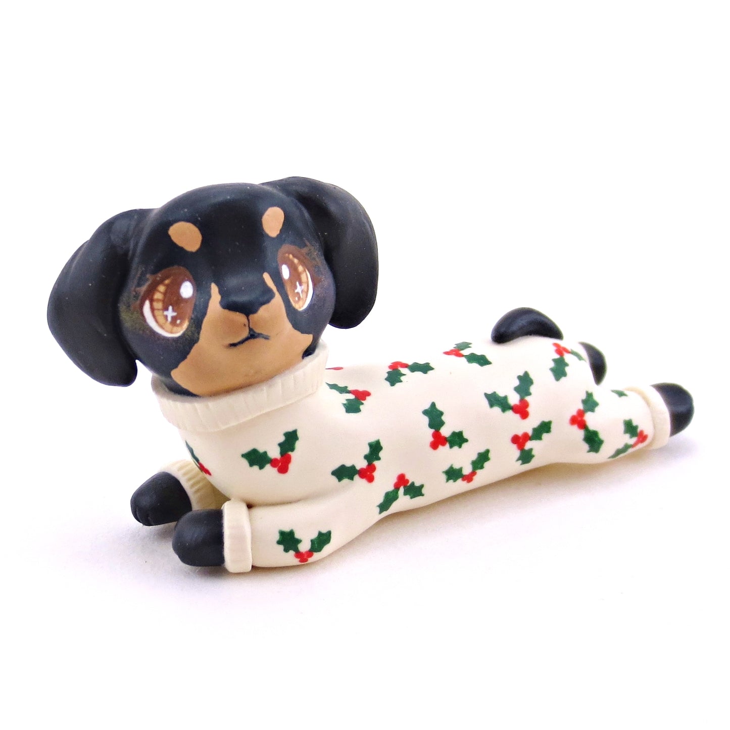 Christmas Jammies Black and Tan Dachshund Puppy Dog Figurine - Polymer Clay Christmas Collection