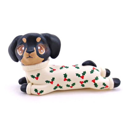 Christmas Jammies Black and Tan Dachshund Puppy Dog Figurine - Polymer Clay Christmas Collection