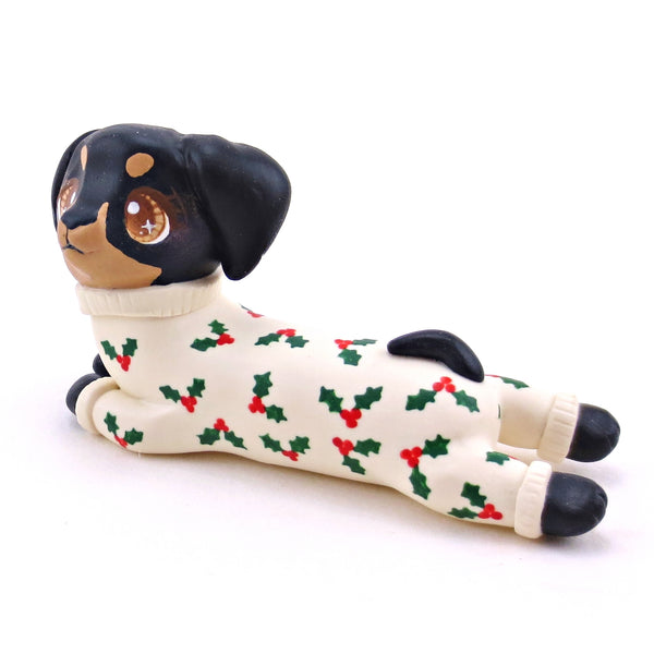 Christmas Jammies Black and Tan Dachshund Puppy Dog Figurine - Polymer Clay Christmas Collection