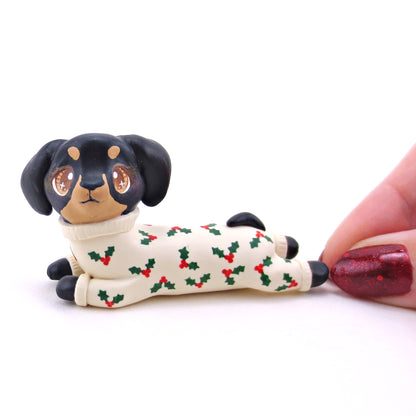 Christmas Jammies Black and Tan Dachshund Puppy Dog Figurine - Polymer Clay Christmas Collection