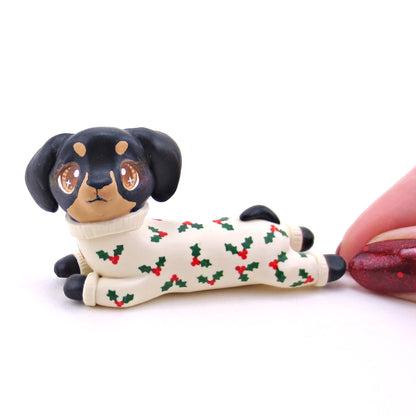 Christmas Jammies Black and Tan Dachshund Puppy Dog Figurine - Polymer Clay Christmas Collection