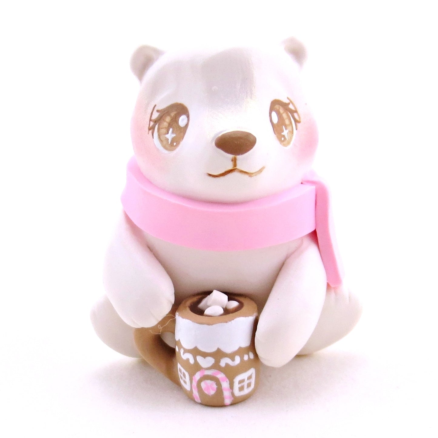 Polar Bear with a Pink Gingerbread House Hot Cocoa Mug Figurine - Polymer Clay Christmas Collection