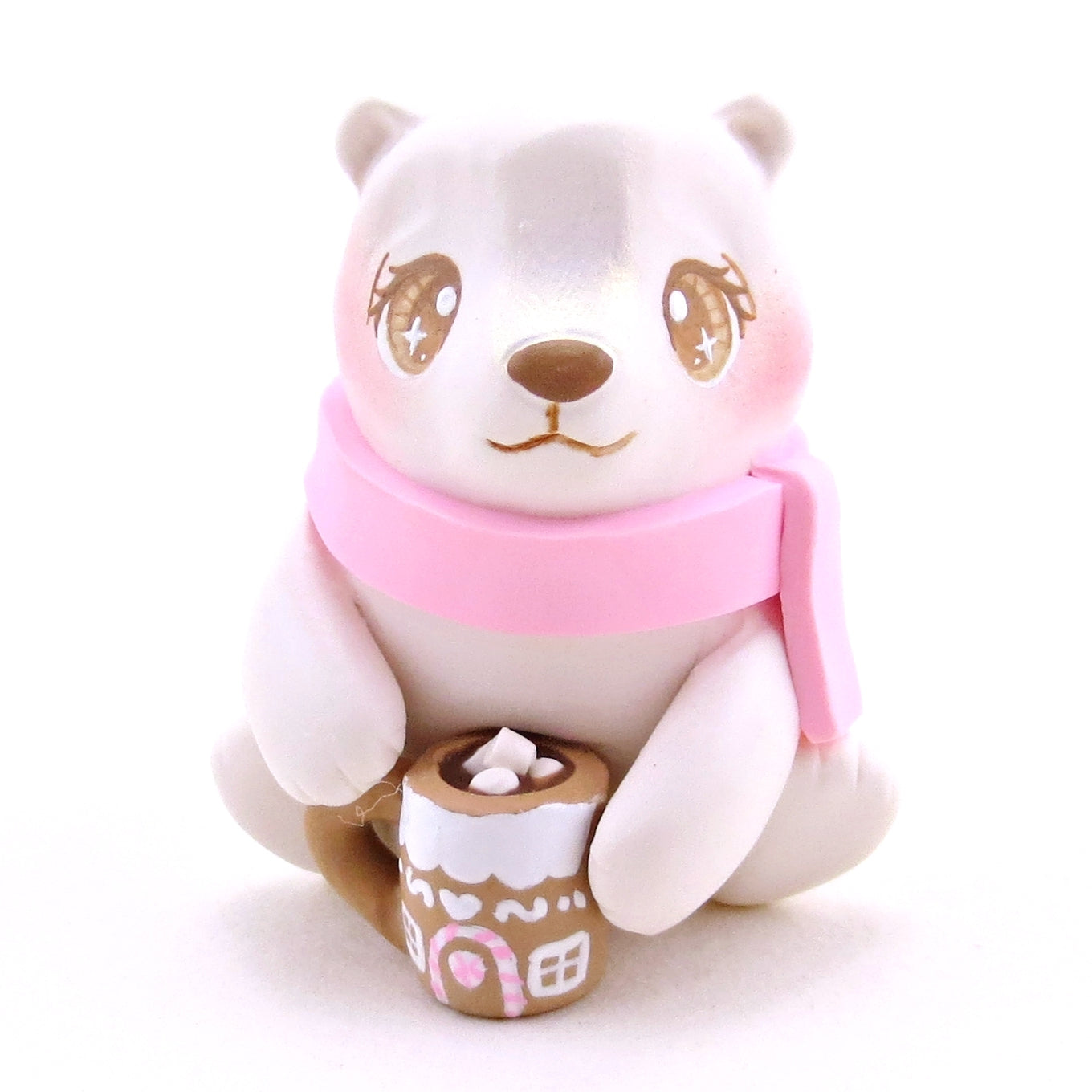 Polar Bear with a Pink Gingerbread House Hot Cocoa Mug Figurine - Polymer Clay Christmas Collection