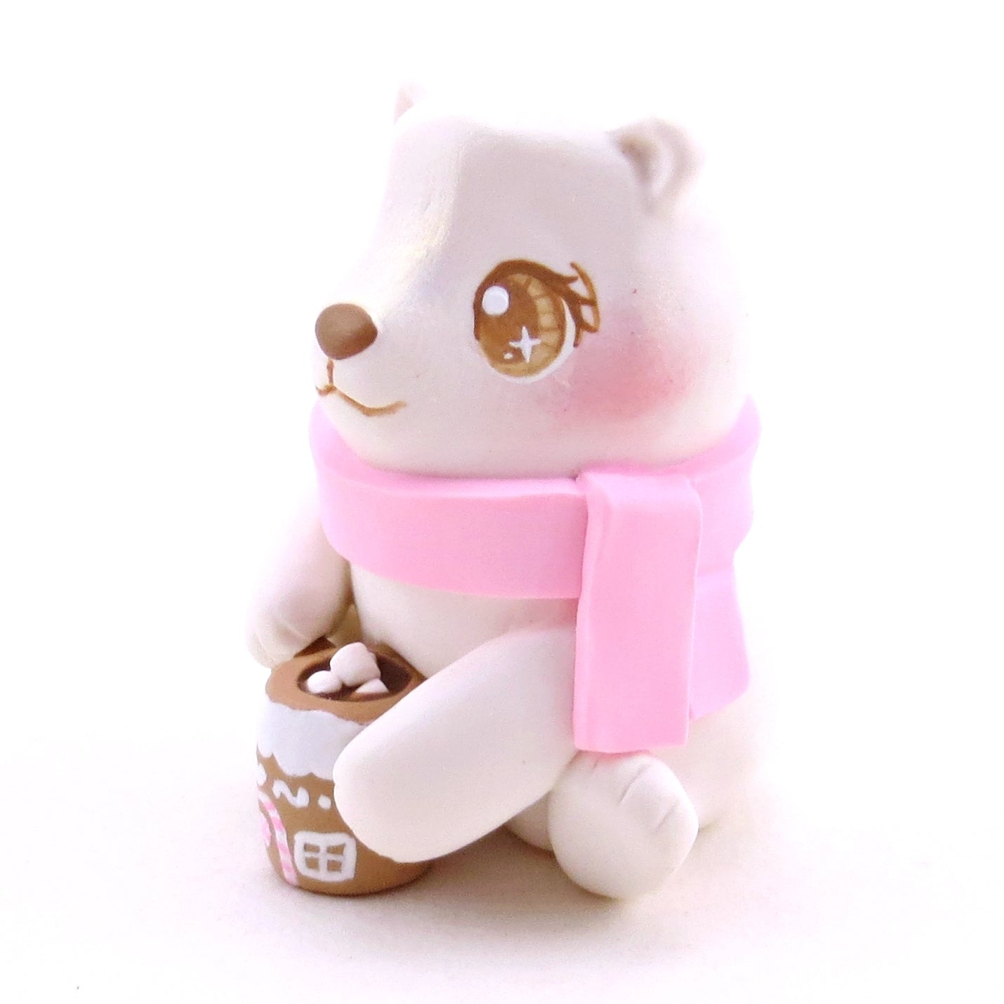 Polar Bear with a Pink Gingerbread House Hot Cocoa Mug Figurine - Polymer Clay Christmas Collection