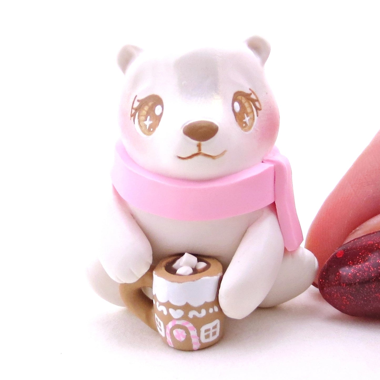 Polar Bear with a Pink Gingerbread House Hot Cocoa Mug Figurine - Polymer Clay Christmas Collection